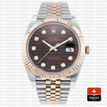 Rolex Datejust 41 Jubilee 2 Tone 18k Rose Gold Fluted Bezel Chocolate Dial Diamond Markers 126331 Swiss Replica