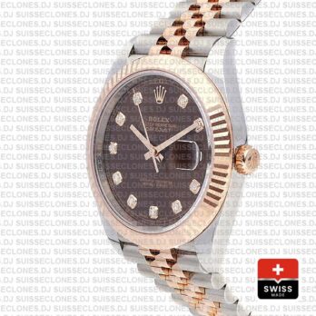 Rolex Datejust 41 Jubilee 2 Tone 18k Rose Gold Fluted Bezel Chocolate Dial Diamond Markers 126331 Swiss Replica