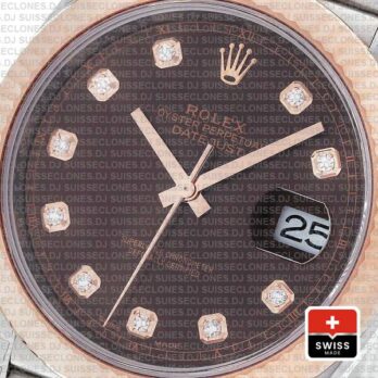 Rolex Datejust 41 Jubilee 2 Tone 18k Rose Gold Fluted Bezel Chocolate Dial Diamond Markers 126331 Swiss Replica