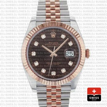 Rolex Datejust 41 Jubilee 2 Tone 18k Rose Gold Fluted Bezel Chocolate Dial Diamond Markers 126331 Swiss Replica