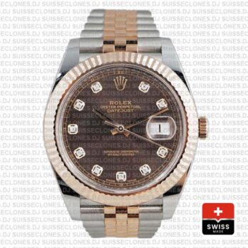 Rolex Datejust 41 Jubilee 2 Tone 18k Rose Gold Fluted Bezel Chocolate Dial Diamond Markers 126331 Swiss Replica