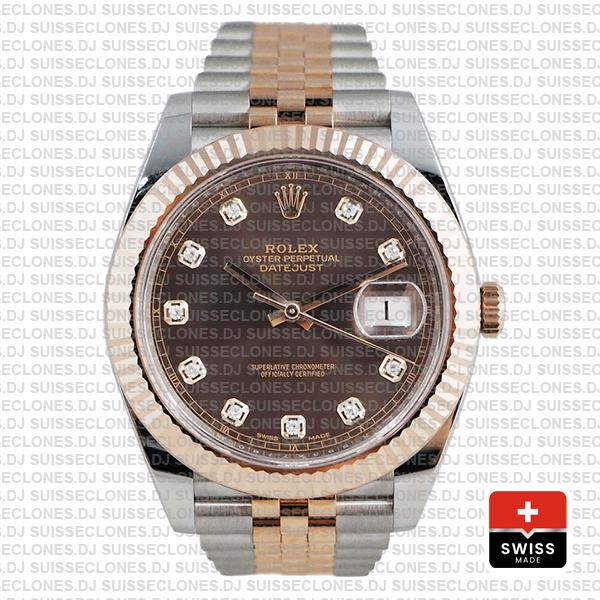 Rolex Datejust 41 Jubilee 2 Tone 18k Rose Gold Fluted Bezel Chocolate Dial Diamond Markers 126331 Swiss Replica
