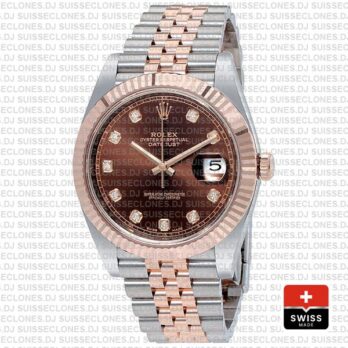 Rolex Datejust 41 Jubilee Bracelet Two-Tone 18k Rose Gold 904L Steel Fluted Bezel Chocolate Dial Diamond Markers Replica