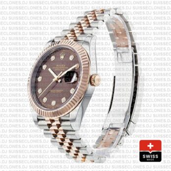 Rolex Datejust 41 Jubilee Bracelet Two-Tone 18k Rose Gold 904L Steel Fluted Bezel Chocolate Dial Diamond Markers Replica Watch