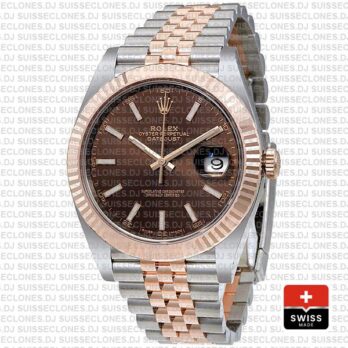 Rolex Datejust 41 Jubilee 2 Tone 18k Rose Gold Fluted Bezel Chocolate Dial Stick Markers 126331 Swiss Replica