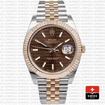 Rolex Datejust 41 Jubilee 2 Tone 18k Rose Gold Fluted Bezel Chocolate Dial Stick Markers 126331 Swiss Replica