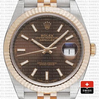 Rolex Datejust 41 Jubilee 2 Tone 18k Rose Gold Fluted Bezel Chocolate Dial Stick Markers 126331 Swiss Replica