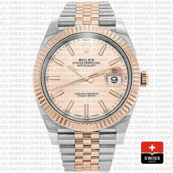 Rolex Datejust 41 Jubilee 2 Tone 18k Rose Gold Fluted Bezel Pink Sundust Dial Stick Markers 126331 Swiss Replica