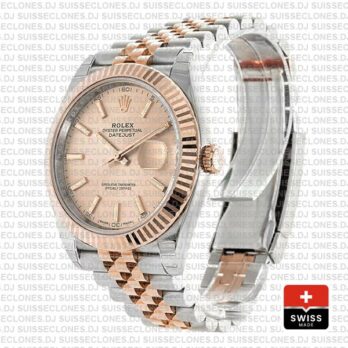 Rolex Datejust 41 Jubilee 2 Tone 18k Rose Gold Fluted Bezel Pink Sundust Dial Stick Markers 126331 Swiss Replica