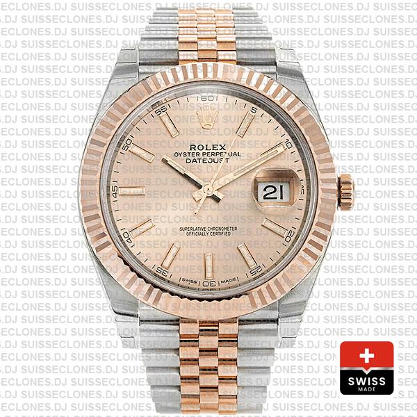 Rolex Datejust 41 Jubilee 2 Tone 18k Rose Gold Fluted Bezel Pink Sundust Dial Stick Markers 126331 Swiss Replica