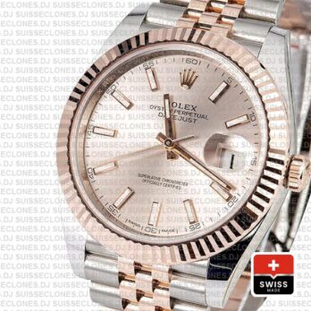 Rolex Datejust 41 Jubilee 2 Tone 18k Rose Gold Fluted Bezel Pink Sundust Dial Stick Markers 126331 Swiss Replica