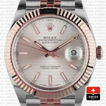 Rolex Datejust 41 Jubilee 2 Tone 18k Rose Gold Fluted Bezel Pink Sundust Dial Stick Markers 126331 Swiss Replica