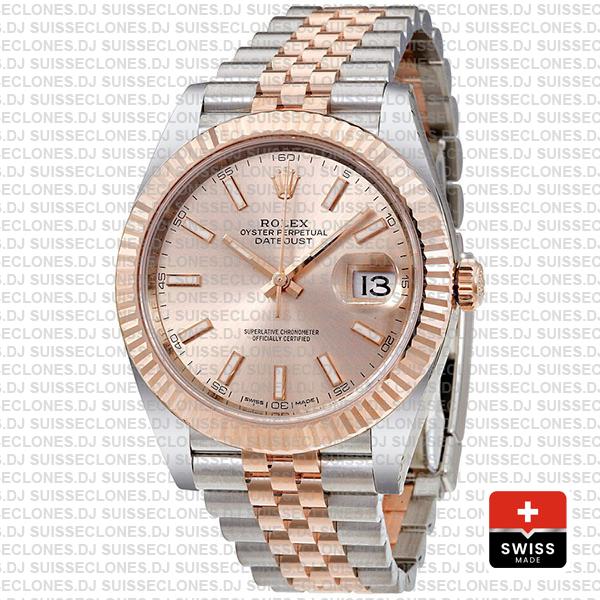 Rolex Datejust Two-Tone 18k Rose Gold 904L Steel Fluted Bezel Pink Dial 41mm Jubilee