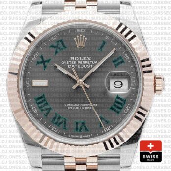 Rolex Datejust 41 Jubilee 2 Tone 18k Rose Gold Fluted Bezel Slate Grey Dial Roman Markers 126331 Swiss Replica