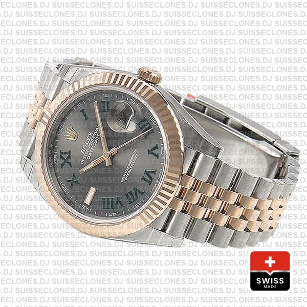Rolex Datejust 41 Jubilee 2 Tone 18k Rose Gold Fluted Bezel Slate Grey Dial Roman Markers 126331 Swiss Replica