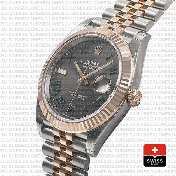 Rolex Datejust 41 Jubilee 2 Tone 18k Rose Gold Fluted Bezel Slate Grey Dial Roman Markers 126331 Swiss Replica