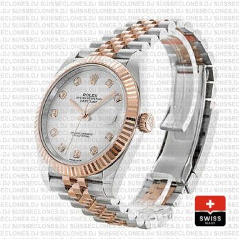 Rolex Datejust Stainless Steel 41mm Two-Tone Jubilee Bracelet 18k Rose Gold Fluted Bezel White Mother of Pearl Diamond Dial
