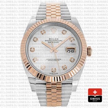 Rolex Datejust Stainless Steel 41mm Two-Tone Jubilee Bracelet 18k Rose Gold Fluted Bezel White Mother of Pearl Diamond Dial Replica