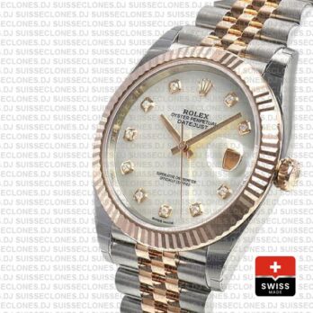 Rolex Datejust Stainless Steel 41mm Two-Tone Jubilee Bracelet 18k Rose Gold Fluted Bezel White Mother of Pearl Diamond Dial Replica Watch