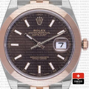 Rolex Oyster Perpetual Datejust Two-Tone 18k Rose Gold Smooth Bezel Chocolate Dial 41mm