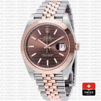 Rolex Oyster Perpetual Datejust Two-Tone 18k Rose Gold Smooth Bezel Chocolate Dial