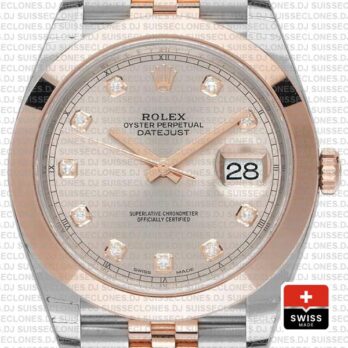 Rolex Datejust 41 Jubilee 2 Tone 18k Rose Gold Smooth Bezel Pink Dial Diamond Markers 126301 Swiss Replica