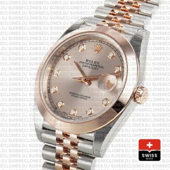 Rolex Datejust 41 Jubilee 2 Tone 18k Rose Gold Smooth Bezel Pink Dial Diamond Markers 126301 Swiss Replica