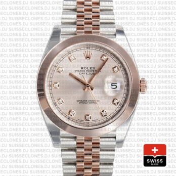 Rolex Datejust 41 Jubilee 2 Tone 18k Rose Gold Smooth Bezel Pink Dial Diamond Markers 126301 Swiss Replica