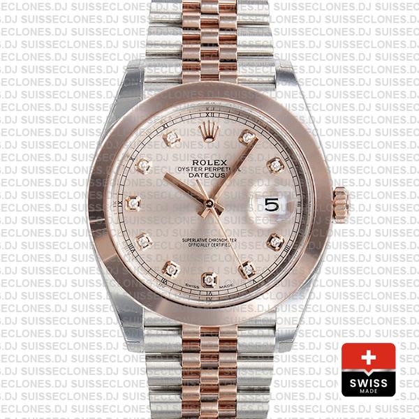 Rolex Datejust 41 Jubilee 2 Tone 18k Rose Gold Smooth Bezel Pink Dial Diamond Markers 126301 Swiss Replica