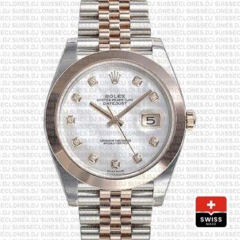 Rolex Datejust 41 Jubilee 2 Tone 18k Rose Gold Smooth Bezel White Mop Dial Diamond Markers 126301 Swiss Replica