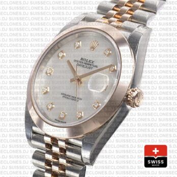 Rolex Datejust 41 Jubilee 2 Tone 18k Rose Gold Smooth Bezel White Mop Dial Diamond Markers 126301 Swiss Replica