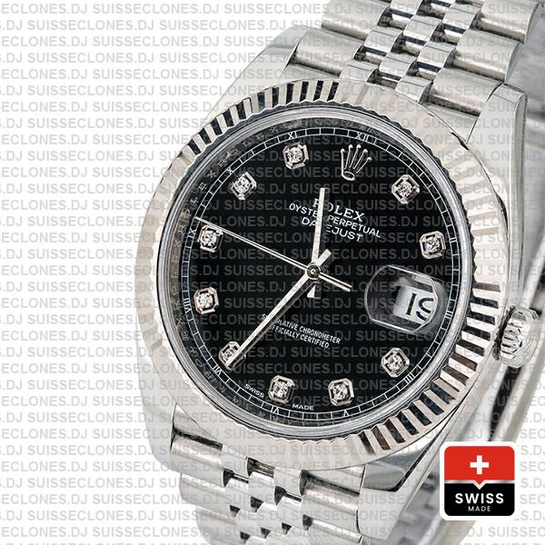 Rolex Datejust 41 Jubilee 2 Tone 18k White Gold Fluted Bezel Black Dial Diamond Markers 126334 Swiss Replica