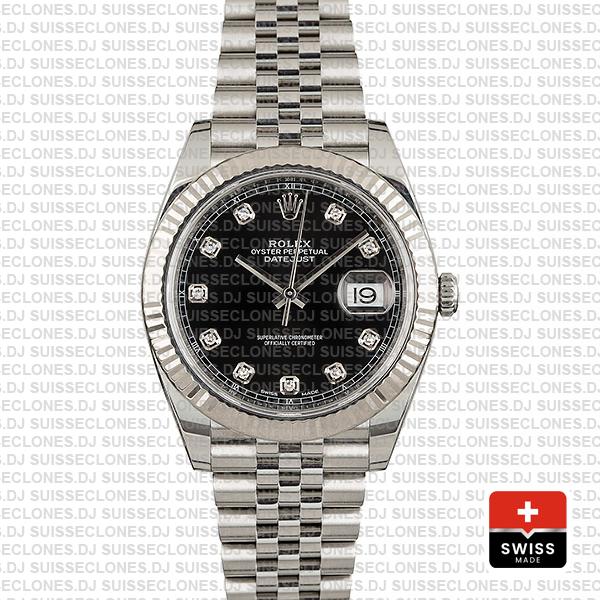 Rolex Datejust 41 Jubilee 2 Tone 18k White Gold Fluted Bezel Black Dial Diamond Markers 126334 Swiss Replica