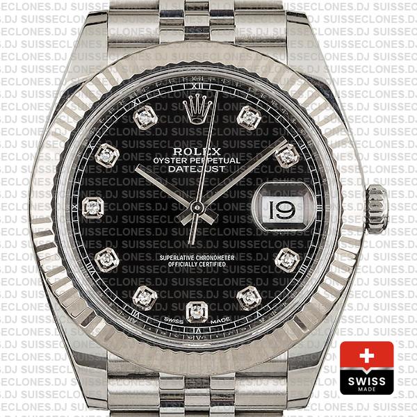 Rolex Datejust 41 Jubilee 2 Tone 18k White Gold Fluted Bezel Black Dial Diamond Markers 126334 Swiss Replica
