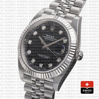 Rolex Datejust 904L Steel Black Diamond Dial 18k White Gold Fluted Bezel 41mm Watch