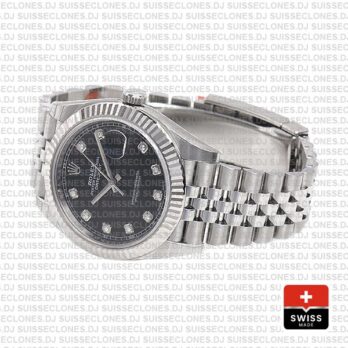 Rolex Datejust 904L Steel Black Diamond Dial 18k White Gold Fluted Bezel 41mm Replica Watch