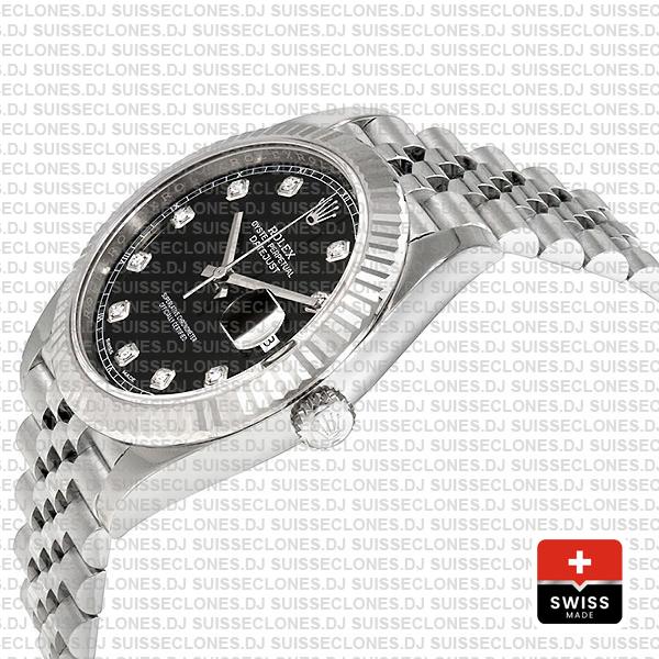 Rolex Datejust 904L Steel Black Diamond Dial 18k White Gold Fluted Bezel 41mm Replica