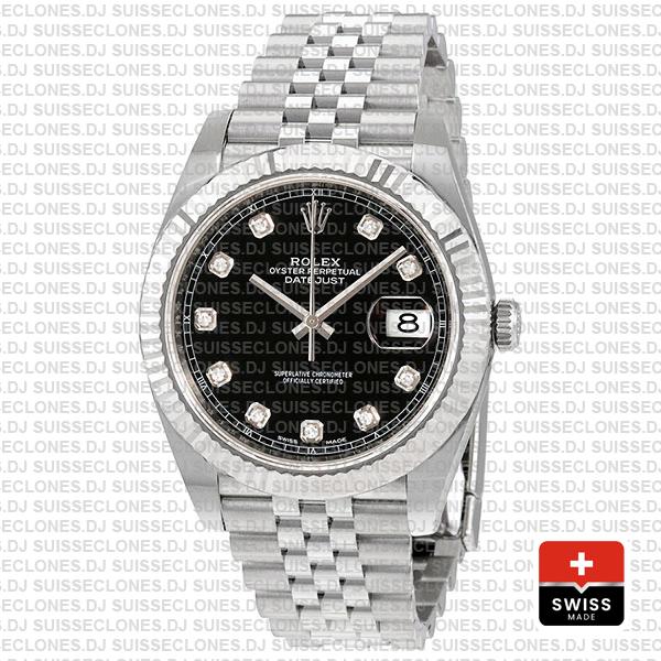 Rolex Datejust 904L Steel Black Diamond Dial 18k White Gold Fluted Bezel 41mm