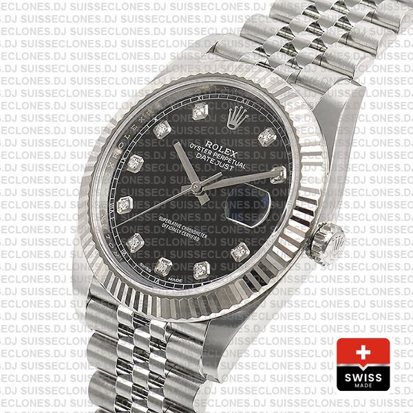 Rolex Datejust 904L Steel Black Diamond Dial 18k White Gold Fluted Bezel
