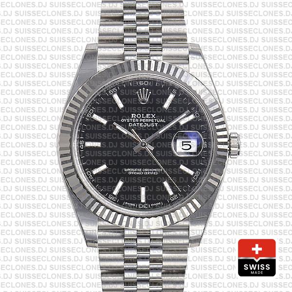Rolex Datejust Jubilee Bracelet 904L Steel Black Sticks Dial 18k Wh 41mmite Gold Fluted Bezel