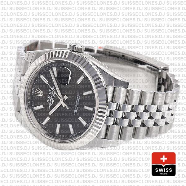 Rolex Datejust Jubilee Bracelet 904L Steel Black Sticks Dial 18k White Gold Fluted Bezel