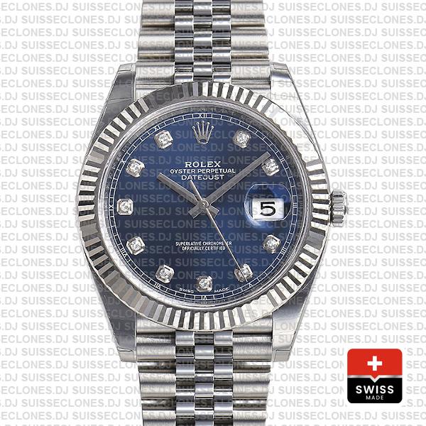 Rolex Datejust 41 Jubilee 2 Tone 18k White Gold Fluted Bezel Blue Dial Diamond Markers 126334 Swiss Replica