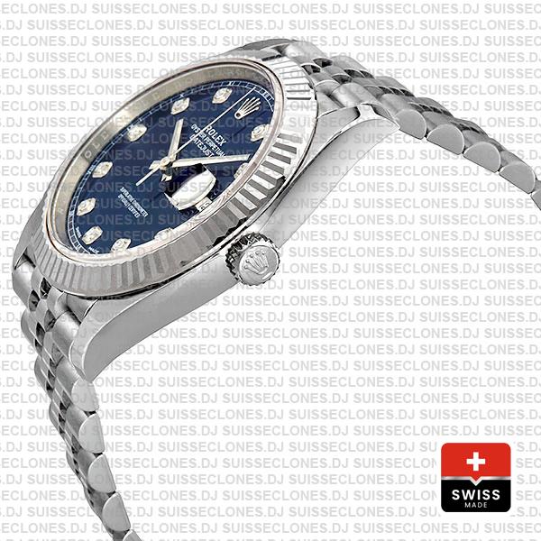 Rolex Datejust 41 Jubilee 2 Tone 18k White Gold Fluted Bezel Blue Dial Diamond Markers 126334 Swiss Replica