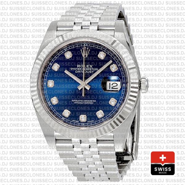 Rolex Datejust 18k White Gold, 904L Steel Blue Diamond Dial Fluted Bezel 41mm