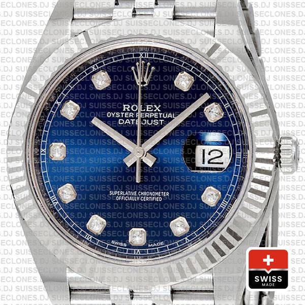 Rolex Datejust 18k White Gold, 904L Steel Blue Diamond Dial Fluted Bezel