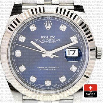 Rolex Datejust 41 Blue Diamond Dial Jubilee Fluted Bezel Swiss Replica Watch