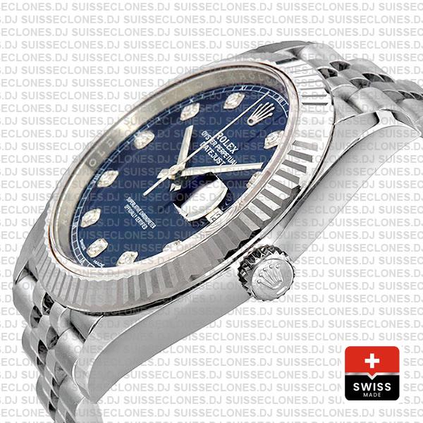 Rolex Datejust 41 Jubilee 2 Tone 18k White Gold Fluted Bezel Blue Dial Diamond Markers 126334 Swiss Replica