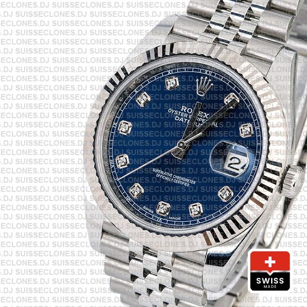 Rolex Datejust 41 Jubilee 2 Tone 18k White Gold Fluted Bezel Blue Dial Diamond Markers 126334 Swiss Replica