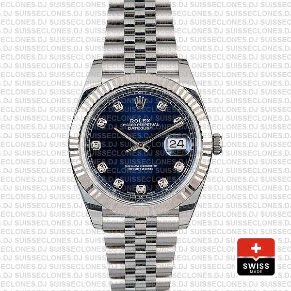 Rolex Datejust 41 Jubilee 2 Tone 18k White Gold Fluted Bezel Blue Dial Diamond Markers 126334 Swiss Replica