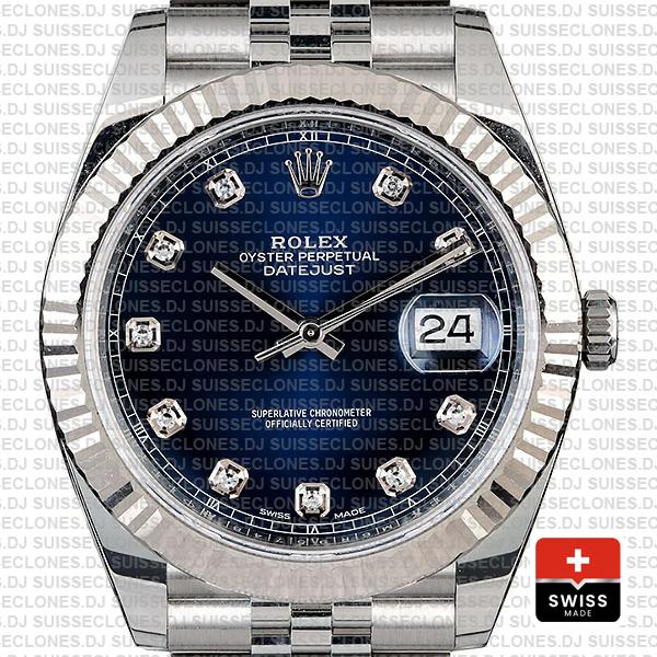 Rolex Datejust 41 Jubilee 2 Tone 18k White Gold Fluted Bezel Blue Dial Diamond Markers 126334 Swiss Replica